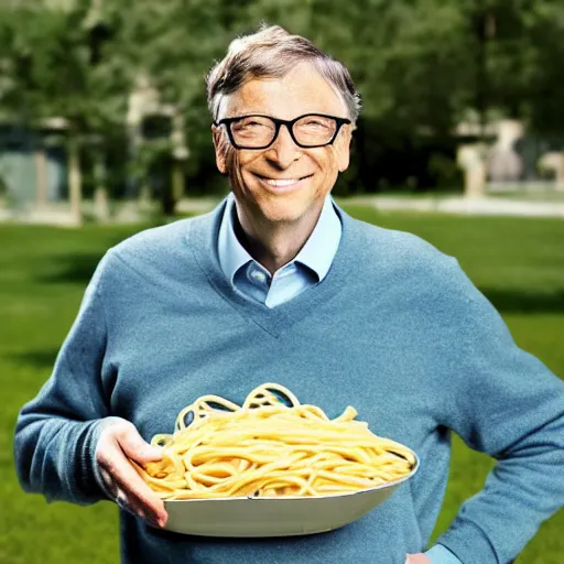 Prompt: bill gates puts pasta in his lawnmover