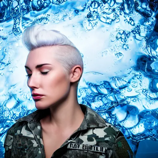 Prompt: futuristic female soldier eyes closed partly submerged in rippling viscous clear fluid, oil sleek surface, frost roses, ice needles, cold blue light, complex hyperdetailed technical suit. white hair flowing. ultra realistic, wide angle.