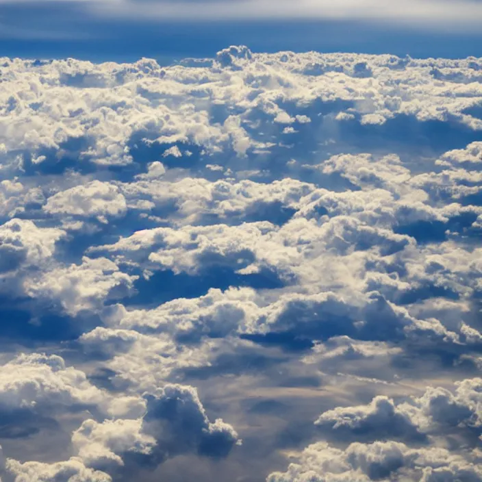 Image similar to Endless clouds towering high, seen from a plane, no ground visible, very detailed, 8k resolution, pale yellow hue