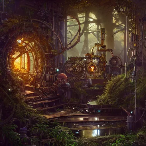 Prompt: a ultradetailed beautiful concept art of the core of a intricate steampunk machine where vegetation have start to peacefully grow in harmony with the machine, dynamic lighting, cinematic lighting, concept art, high resolution 4 k, by tom bagshaw, greg rutkowski, charli bowater and artgeem