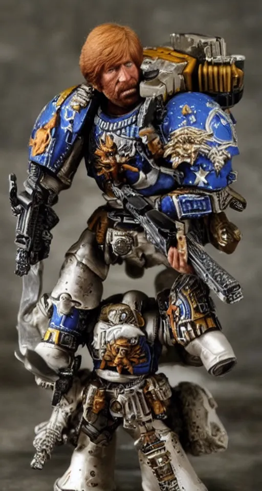 Image similar to Chuck Norris wearing space marine armor no helmet professionally detailed photo realistic