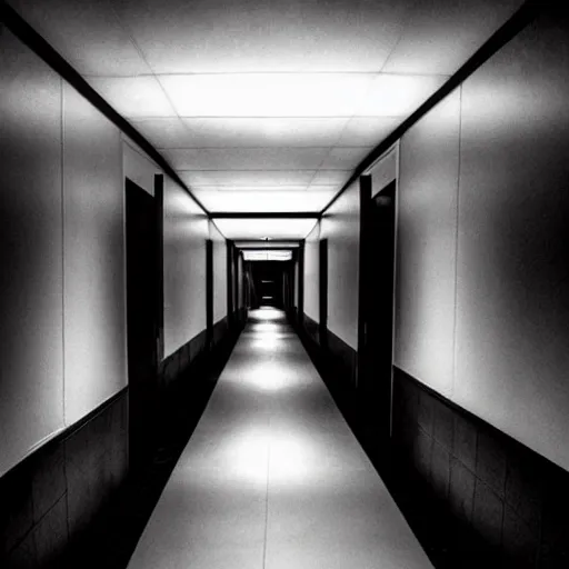 Image similar to a scary hallway that never ends that resembles a hospital with silhouettes of demons in the shadows, realistic, dark, horror, scary, eerie, obnoxious