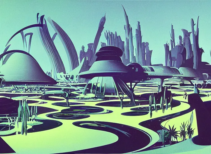 Prompt: ground view of a utopia future city. style by syd mead and eyvind earle.