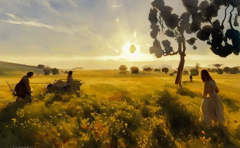 Prompt: california style watercolor painting of scandinavian meadow, plains, very beautiful ambient lighting, sun rays, dust, art by john singer sargent, by anders zorn, wonderful masterpiece by greg rutkowski, cinematic light, american romanticism by greg manchess, creation by tyler edlin