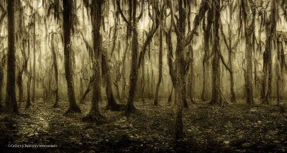 Prompt: A dense and dark enchanted forest with a swamp, by 500px
