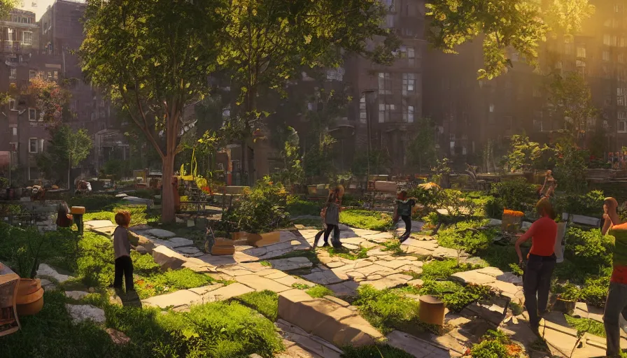 Prompt: craft garden with people working on it built in destroyed washington dc, sunny day, volumetric light, hyperdetailed, artstation, cgsociety, 8 k