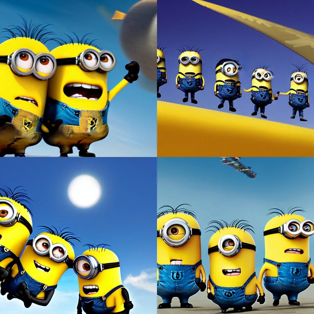 Prompt: the minions flying a plane, about to hit something in the distance