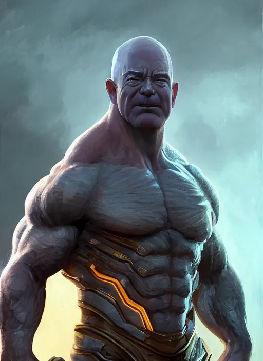 Prompt: jeff bezos is a muscular bodybuilder and is wearing thanos armor, au naturel, hyper detailed, digital art, trending in artstation, cinematic lighting, studio quality, smooth render, unreal engine 5 rendered, octane rendered, art style by klimt and nixeu and ian sprigger and wlop and krenz cushart.