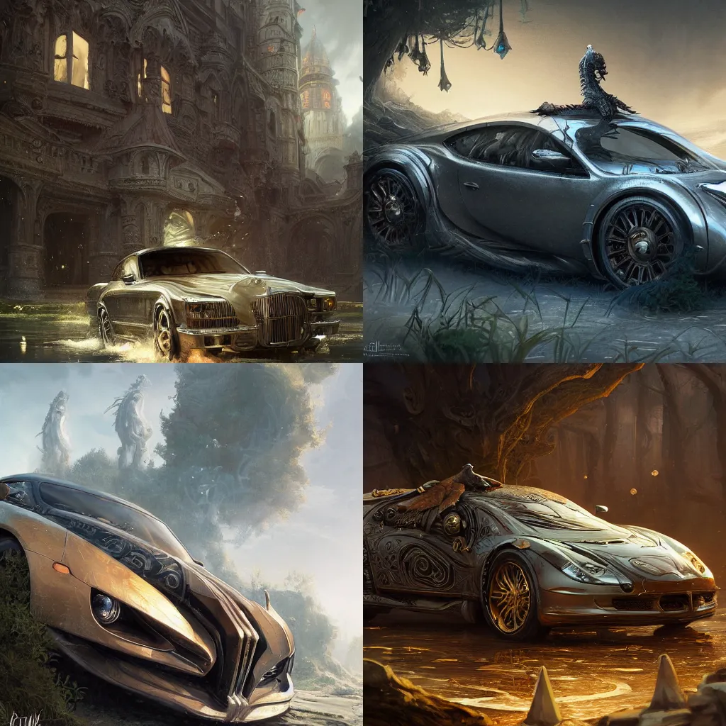 Prompt: full view of a car, fantasy, intricate, elegant, highly detailed, digital painting, concept art, smooth, sharp focus, art style from Greg Rutkowski and Bruce Kaiser and Scott Robertson and Dmitry Mazurkevich and Doruk Erdem and Jon Sibal