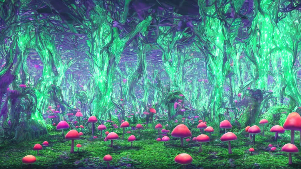 Prompt: 8k, acid trip, hall of mirrors, ultra detailed, a hyperrealistic image of a mycelium forest with neon glowing mushrooms, with magical creatures, in the style of Pokémon red, trending on patreon, artstation, deviantart. Unreal engine