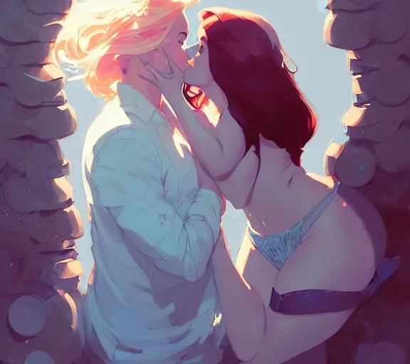 Image similar to portrait of eric kissing ariel by atey ghailan, by greg rutkowski, by greg tocchini, by james gilleard, by joe fenton, by kaethe butcher, dynamic lighting, gradient light blue, brown, blonde cream and white color scheme, grunge aesthetic