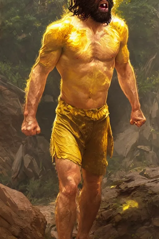 Image similar to chris evans cave man clothes fighting in the sun, yellow lighting ultra realistic photorealistic highly detailed high quality, a stunningly, digital painting, artstation, concept art, smooth, sharp focus, illustration, art by artgerm and greg rutkowski and alphonse mucha 8 k