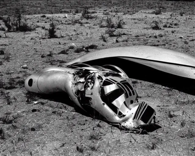 Image similar to a futuristic sci-fi alien scout craft, crashed in roswell, 1947, early black and white photo, cdx