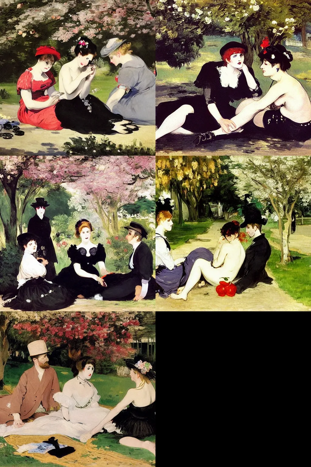 Prompt: an hd painting by edouard manet. three goths loitering in the shade, talking beneath a cherry tree outside a blockbuster video store.