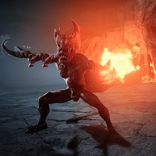 Image similar to Warrior Fighting Demon in Hell ultra detailed, insane detailes, hyper realistic, 8k, photo realistic, volumetric lighting, unreal engine, octane render