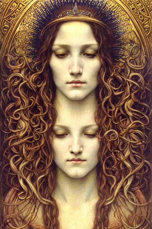 Image similar to detailed realistic beautiful young medieval queen face portrait by jean delville, gustave dore and marco mazzoni, art nouveau, symbolist, visionary, gothic, pre - raphaelite. horizontal symmetry