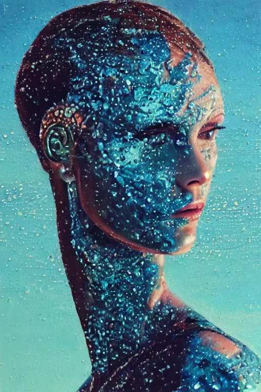 Prompt: hyperrealism oil painting, close-up portrait, fashion model paired with melting cyborg, ocean pattern mixed with star sky in front, in style of classicism mixed with 70s sci-fi book art