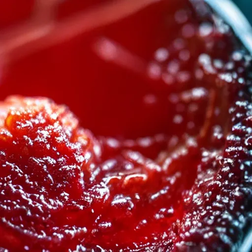 Prompt: close - up shot of a lemon covered in strawberry jam, macro lens, depth of field