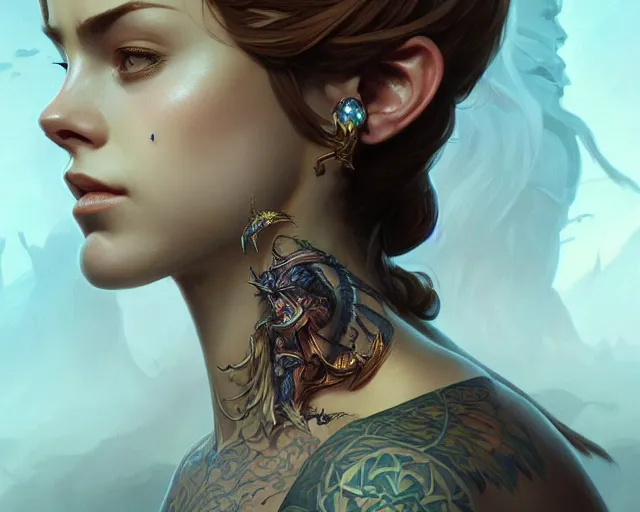 Image similar to neck tattoo, deep focus, d & d, fantasy, intricate, elegant, highly detailed, digital painting, artstation, concept art, matte, sharp focus, illustration, hearthstone, art by artgerm and greg rutkowski and alphonse mucha