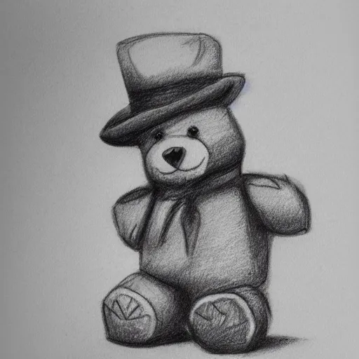 Image similar to suspicious teddy bear wearing a fedora, sneaking, looking around, in an alley, pencil sketch, black and white