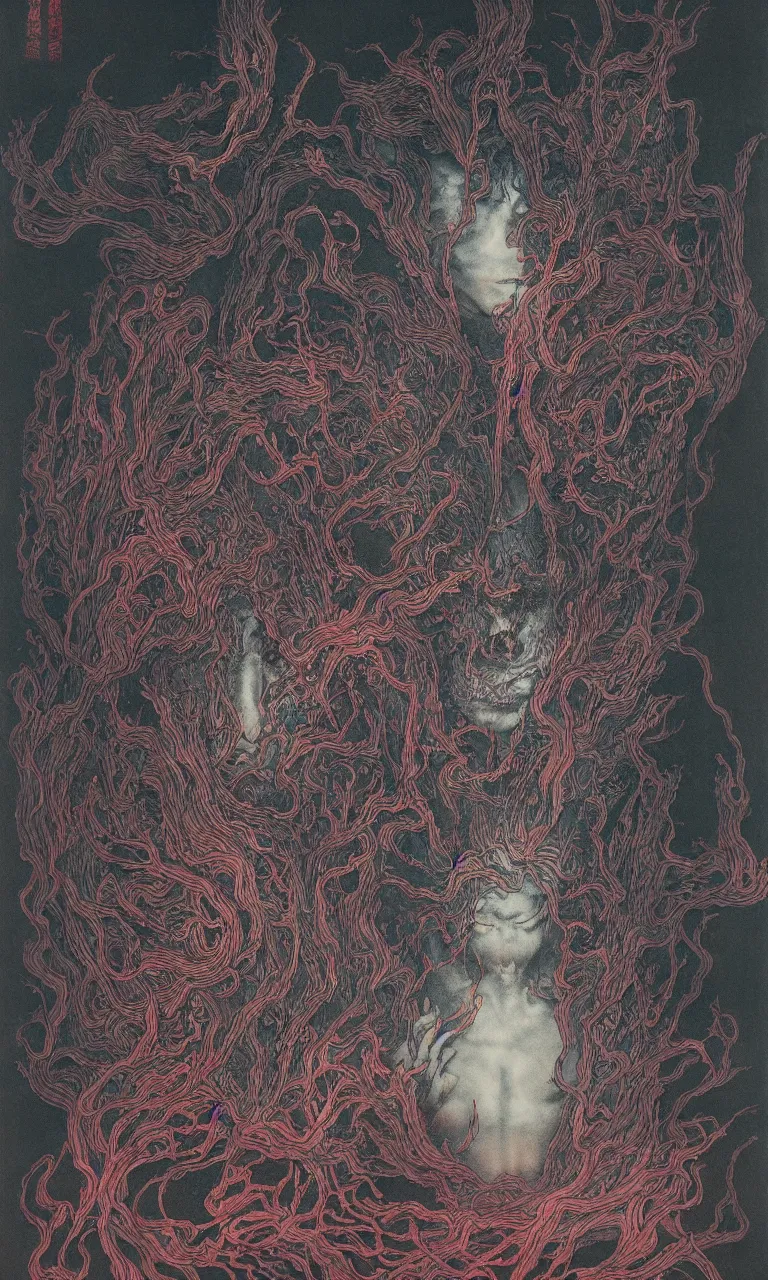 Image similar to 中 元 节, 中 国 鬼 节, king of hell, inside page of comic book, psychedelic lights and fog, in the style of zdzislaw beksinski, ayami kojima, takato yamamoto, barclay shaw, karol bak, glowing light and shadow, hyperrealist