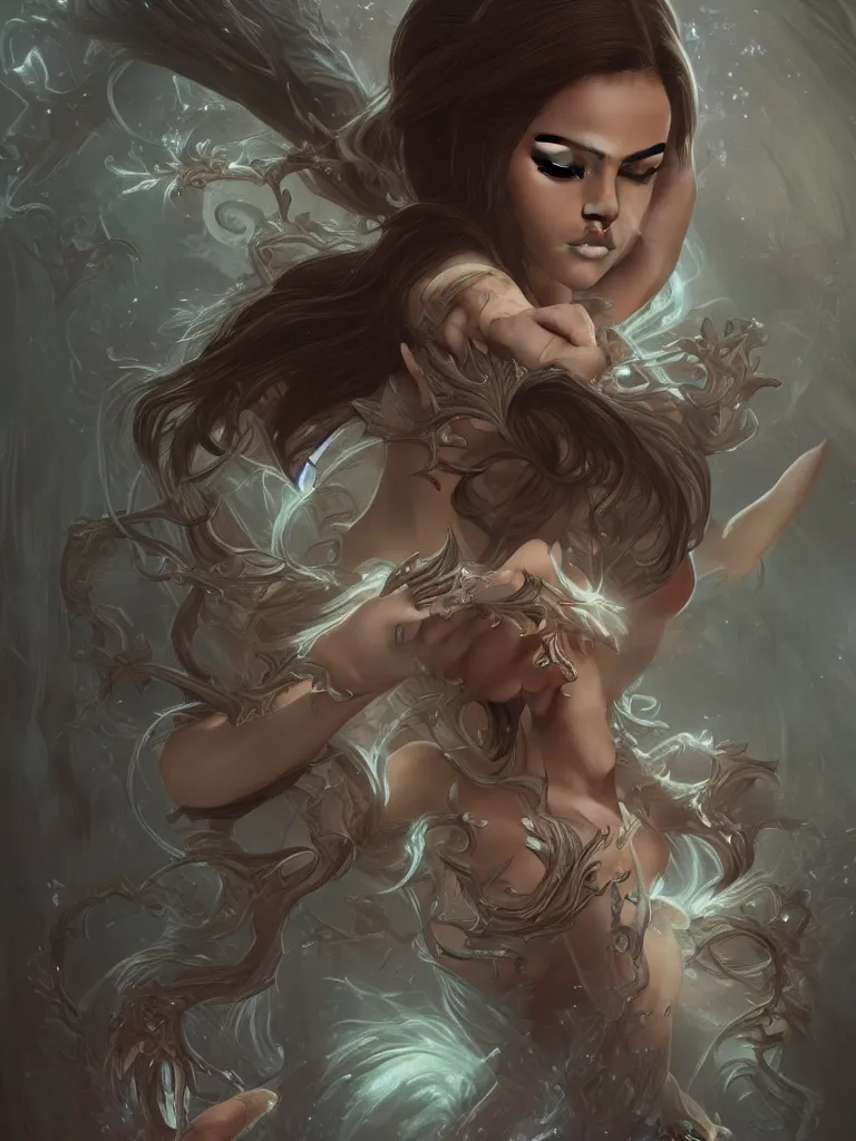 Image similar to Selena Gomez casting an frost spell, D&D, fantasy, intricate, elegant, highly detailed, digital painting, artstation, concept art, matte, sharp focus, illustration, hearthstone, art by Artgerm and Greg Rutkowski and Alphonse Mucha