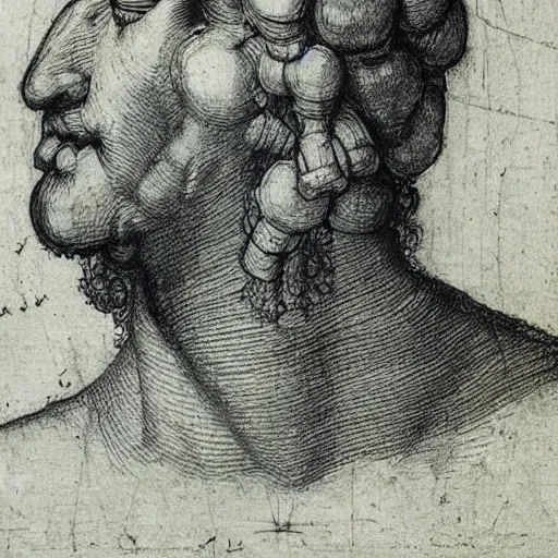 Prompt: man wearing braininterface drawing by leonardo da vinci, plan. blueprint