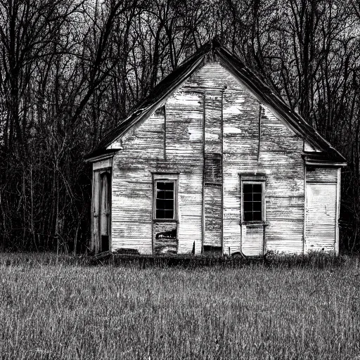 Prompt: an abandonded house near dekalb, illinois. grainy black and white photography