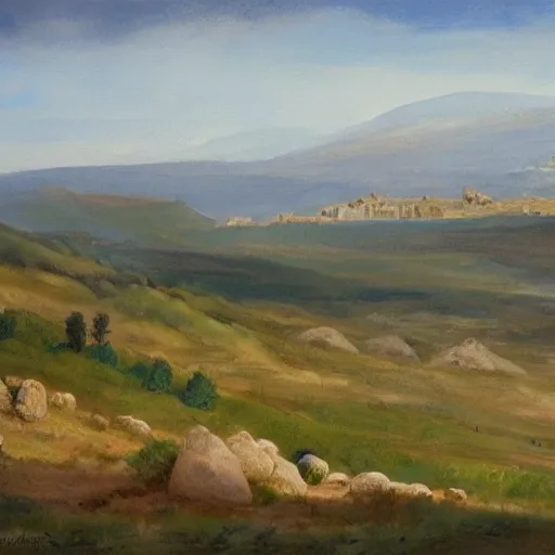 Prompt: concept art : an italian landscape in bright daylight. soft rolling hills in the foreground. in the distance a small mesa of white marble can be seen. a stone henge is standig atop the mesa