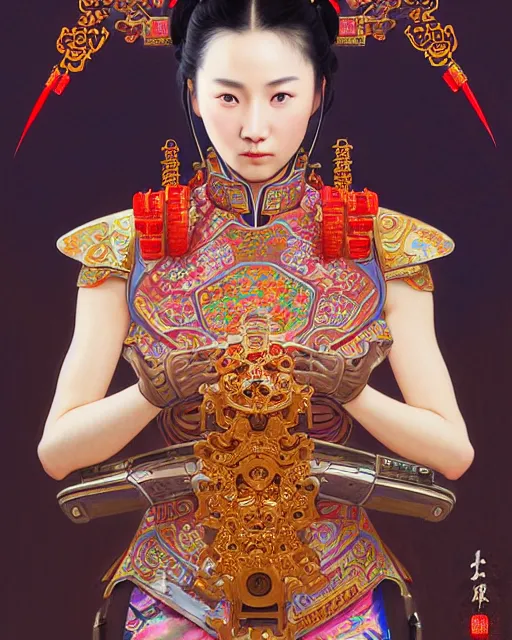 Prompt: portrait of a chinese cyberpunk machine, machine face, arms, upper half portrait, decorated with chinese opera motifs, regal, asian, fine china, wuxia, traditional chinese art intricate intense elegant 京 剧 highly detailed digital painting artstation concept art smooth sharp focus illustration, art by artgerm and greg rutkowski alphonse mucha 8 k