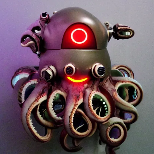 Prompt: a robot cyborg octopus, half octopus half machine, glowing eyes, ominous