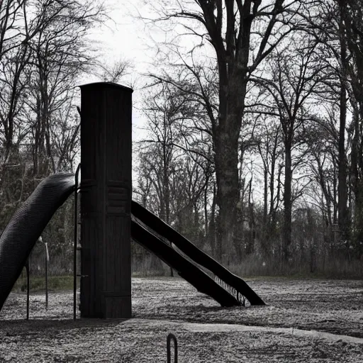 Image similar to an abandon playground with a tall dark figure standing infront of it, liminal, dark, highly detailed,