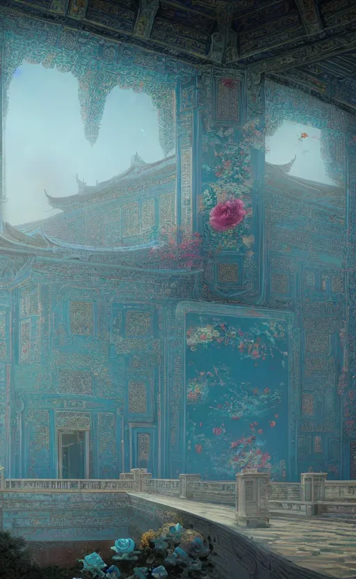 Image similar to vanishing point, palace covered with aqua blue roses like the forbidden city in distance at the red rose royal manor, viewed from afar, stephen bliss, misty, unreal engine, fantasy art by greg rutkowski, loish, ferdinand knab, and lois van rossdraws,, global illumination, radiant light, minimalist, detailed and intricate environment