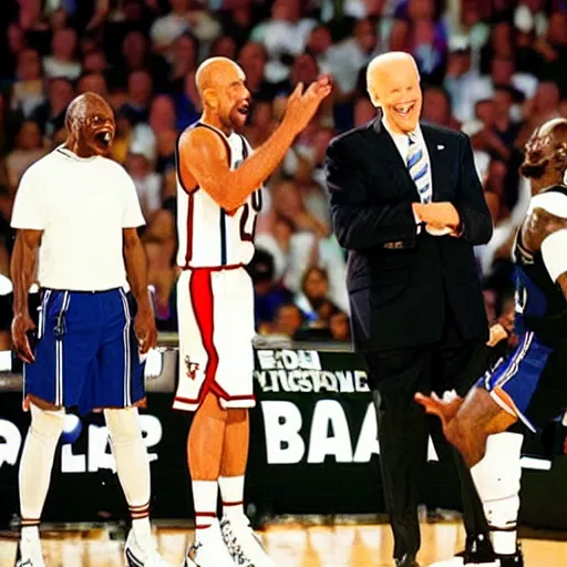 Prompt: Joe Biden dunking the basketball over Shaq