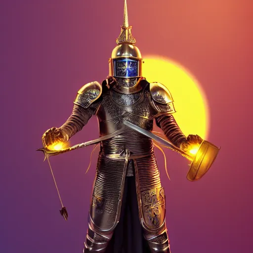 Image similar to a highly detailed knight with glowing purple eyes in a golden helmet and a golden crown with a diamond in the center, golden armor, leather clothes under the armor, leather gloves, holds a black sword, artstation, DeviantArt, professional, octane render, sunset lighting