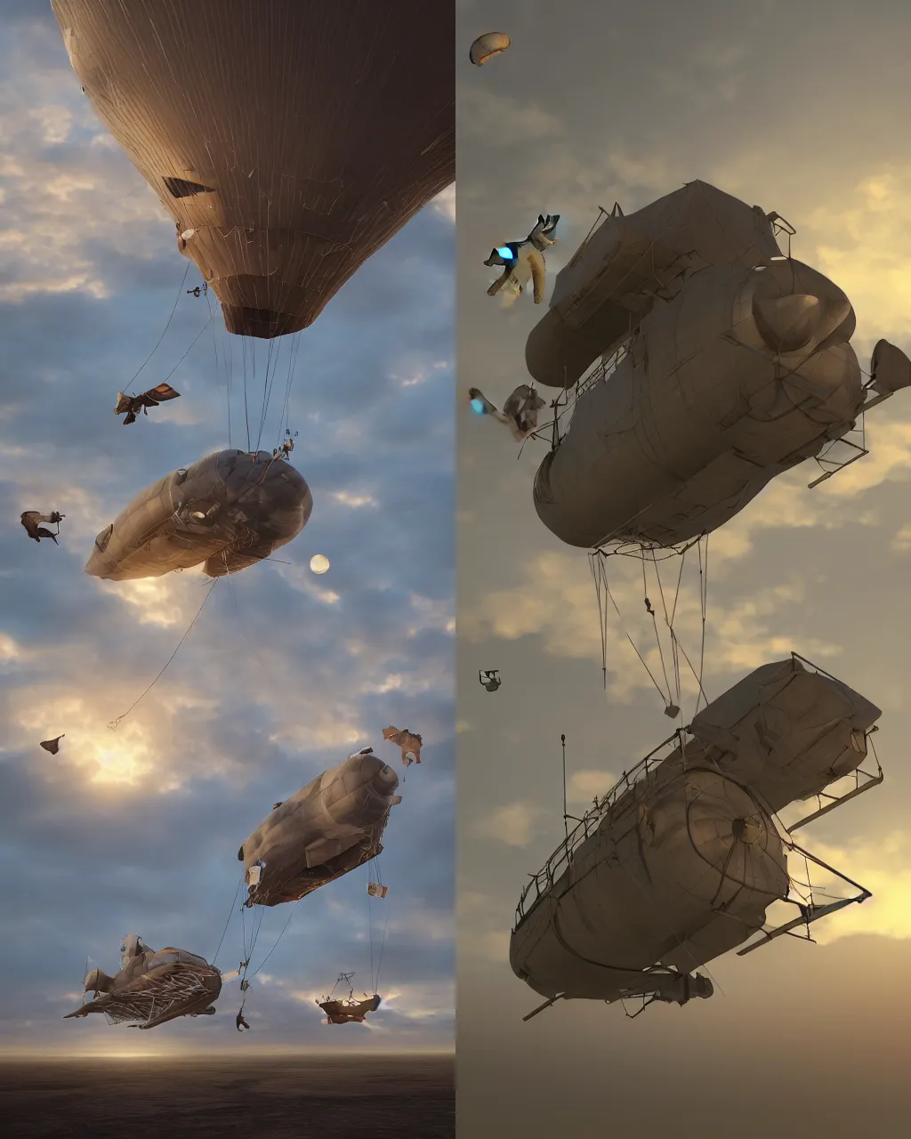 Prompt: cats skydiving from an airship at dusk the cat\'s parachutes are deployed, high detail, octane render