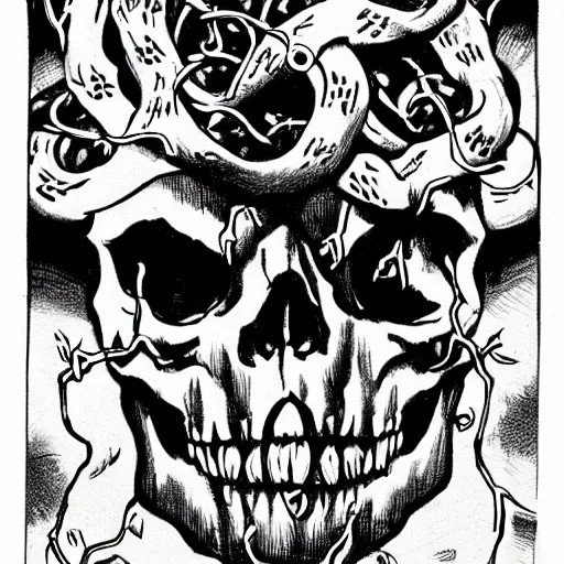 Prompt: A skull, with vines coming out of the eye sockets. Centered, Dark Fantasy, Film Noir, Black and White. High Contrast, Mike Mignola, D&D, OSR