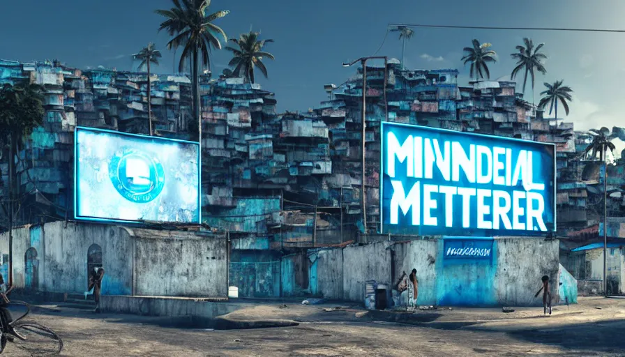 Image similar to Huge Advertising Sign for Mineral Water in a Dystopian Futuristic Favela, Cinematic Lighting, Ultra Quality, Raytracing, Smooth Gradients, Anamorphic Lens, Highly Detailed, Hyperrealistic, Concept Art, Hyperreal