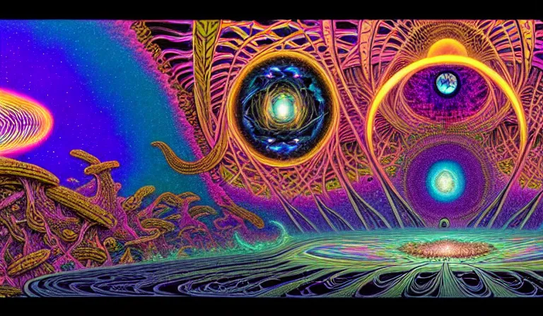 Image similar to an expansive rendering of beautiful and complex ultimate void and black holes by dan mumford, by jim fitzpatrick, by joe wilson, by jim burns, by victo ngai, by jacek yerka, surrounded with colorful magic mushrooms and rainbowcolored marihuana leaves, insanely integrate, featured on deviant art, trending on artstation
