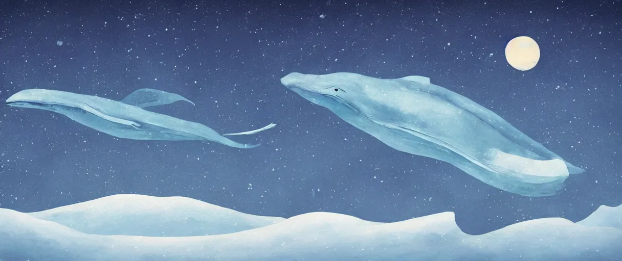 Prompt: blue whale flying in sky, above mountains, concept art, snow, starry sky, nighttime, full moon