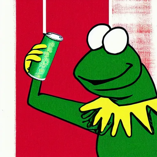 Prompt: kermit the frog chasing a soda can in the style of muppets by jim hansen