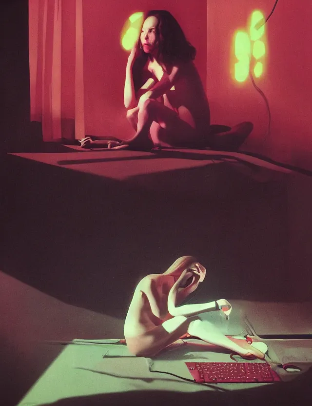 Image similar to woman in pajama playing computer games in dark room, redshift, wide shot, coloured polaroid photograph with flash, pastel, kodak film, hyper real, stunning moody cinematography, by maripol, fallen angels by wong kar - wai, style of suspiria and neon demon and bahnhof zoo, david hockney, detailed, oil on canvas