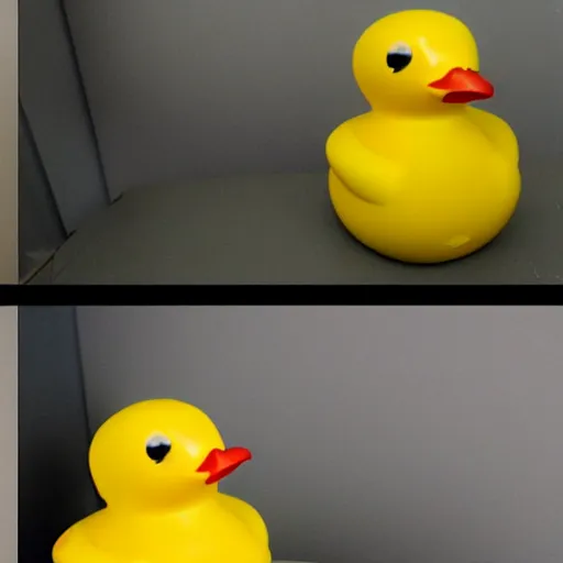 Image similar to yellow rubber duck, before computer after long night of debugging code, sad, drinking, kodak photo