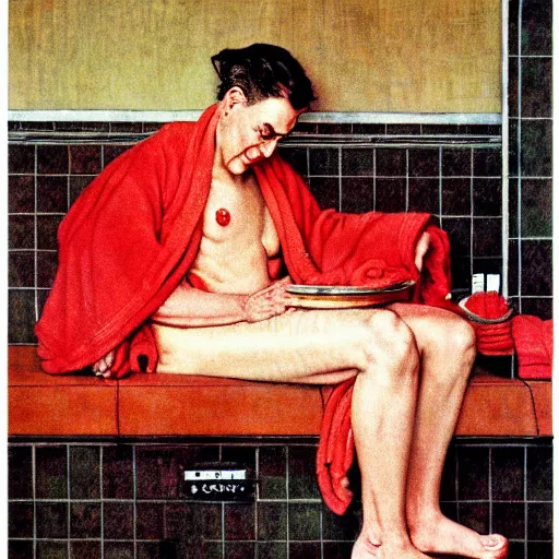 Prompt: a red dragon wearing a bathrobe in a spa, by Norman Rockwell