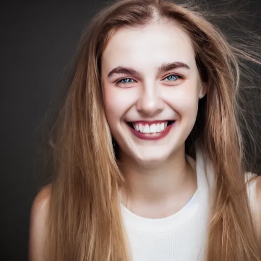 Image similar to woman from scandinavia, 2 0 years old, smiling and looking directly at the camera, dslr, portrait photo, white background, leibowitz