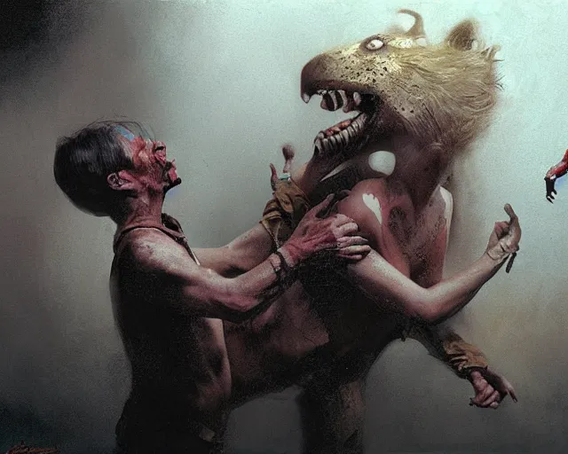 Prompt: underground carnival scene from a 7 0's movie by chris cunningham, kenneth anger and alejandro jodorowsky : : actor pulling an actress out of an animal's mouth : : ultra realistic, concept art, highly detailed by greg rutkowski, craig mullins, simon bisley