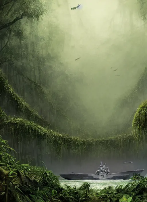 Image similar to aircraft carrier USS Nimitz laying on the ground of a tropical forest, overgrown with vegetation, hanging vines, post appocalyptic, by Luis Royo, by Greg Rutkowski, dark, gritty, intricate, cover illustration, concept art, volumetric lighting, volumetric atmosphere, sharp focus, octane render, trending on artstation, 8k