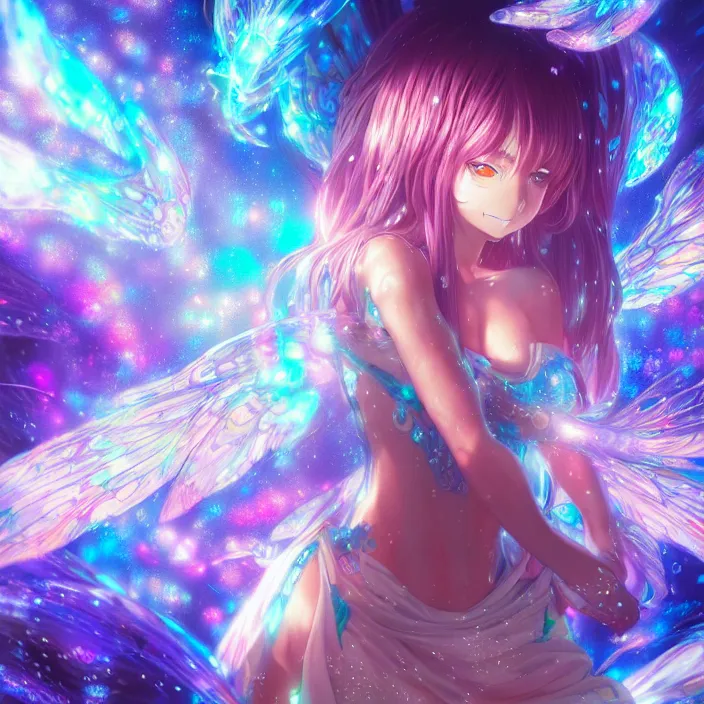 Image similar to ultra detailed illustration of a anime girl covered in liquid chrome, lost in a dreamy fairy multiverse by ross tran, Andrew Thomas Huang, dan mumford, Druillet, colorful, front view, vivid colors, 8k, coherent, artgerm, anime vibes, octane render, uplifting, magical composition, artstation