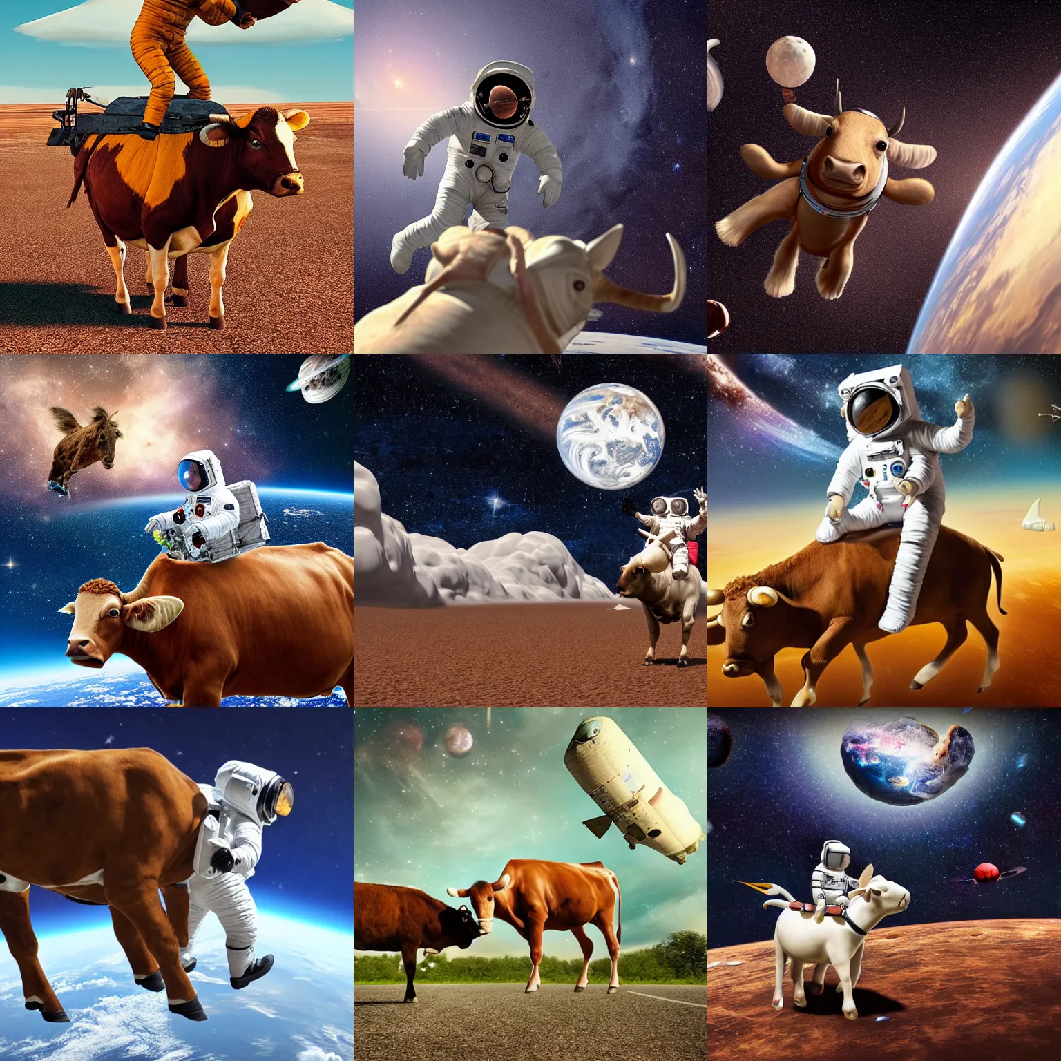 Prompt: Realistic, 8k, astronaut riding a brown cow in space