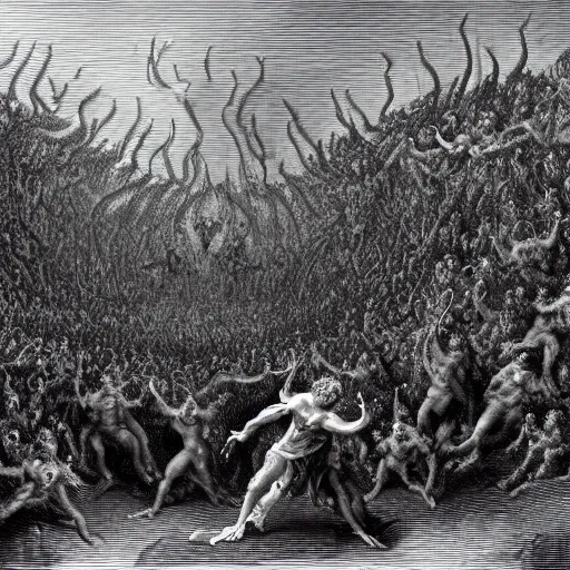 Prompt: A wide shot of a swarm of demons flying up from the depths of Hell in the style of Gustave Dore
